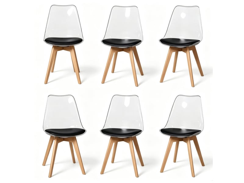  Lot de 6 chaises de salle à manger en polypropylène et similicuir noir, pieds en bois  - Conforama A