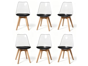 Lot de 6 chaises de salle à manger en polypropylène et similicuir noir, pieds en bois