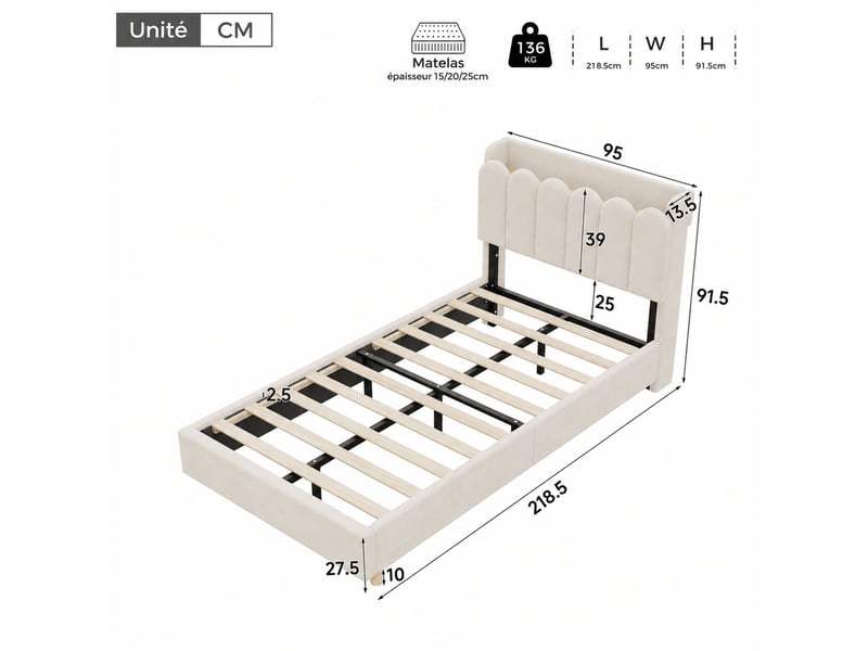  Lit enfant une place 200x90 cm en velours beige avec usb, type-c, lampe de lecture et rangement, sans matelas  - Conforama D