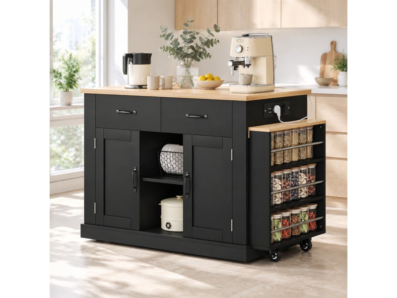  Îlot de cuisine mobile avec table coulissante, mdf noir, 132 x 60 x 93 cm  - Conforama C