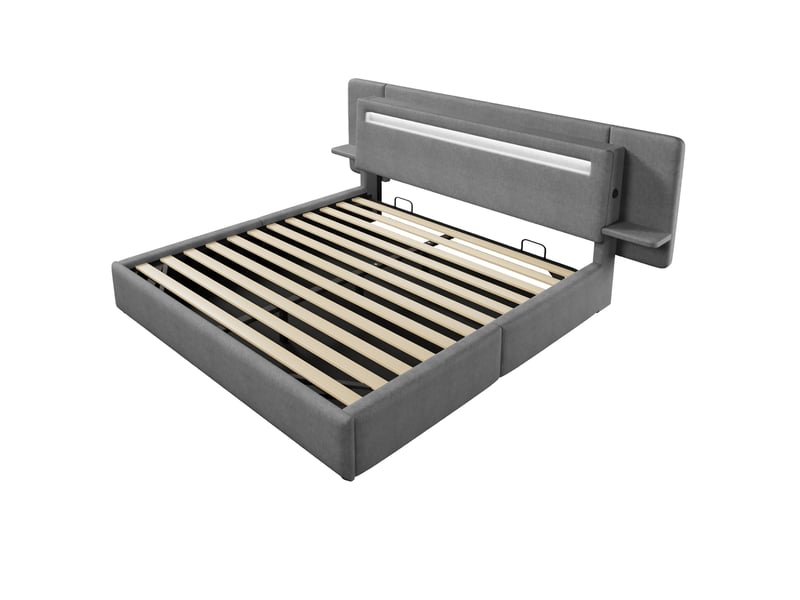  Lit coffre 180 x 200 cm gris en mdf et lin, led multicolore et table de chevet intégrée avec port usb  - Conforama D