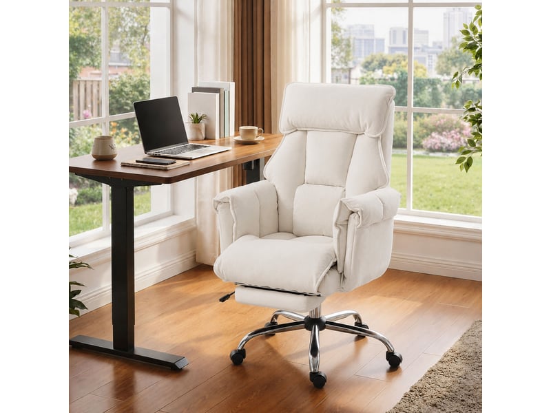  Fauteuil de bureau pivotant réglable en hauteur avec soutien lombaire et repose-pieds, revêtement en flanelle blanc crème, 80 x 80 x 106-114 cm  - Conforama C