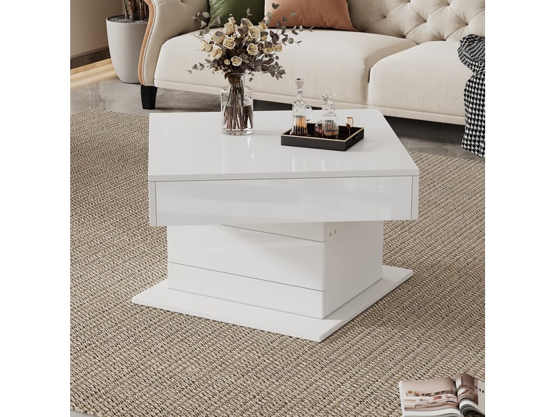  Table basse 70x70x45 cm plateau relevable pivotant panneau de particules blanc  - Conforama E