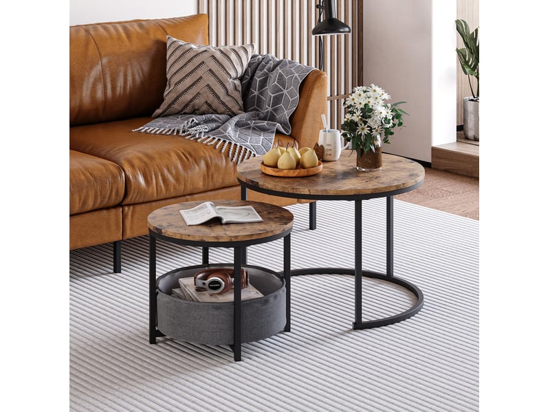  Lot de 2 tables basses rondes ø70 et ø50 cm en métal et panneaux de bois haute densité avec sac de rangement marron chicfurn  - Conforama B