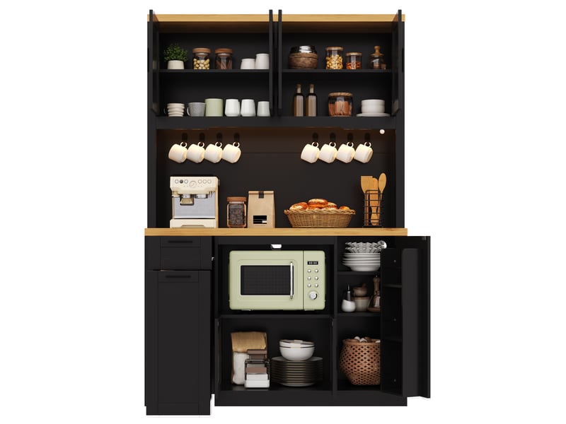  Buffet de cuisine - 120x40x182 cm - buffet vaisselier avec éclairage led, station de charge, tiroirs et étagères réglables - noir  - Conforama A