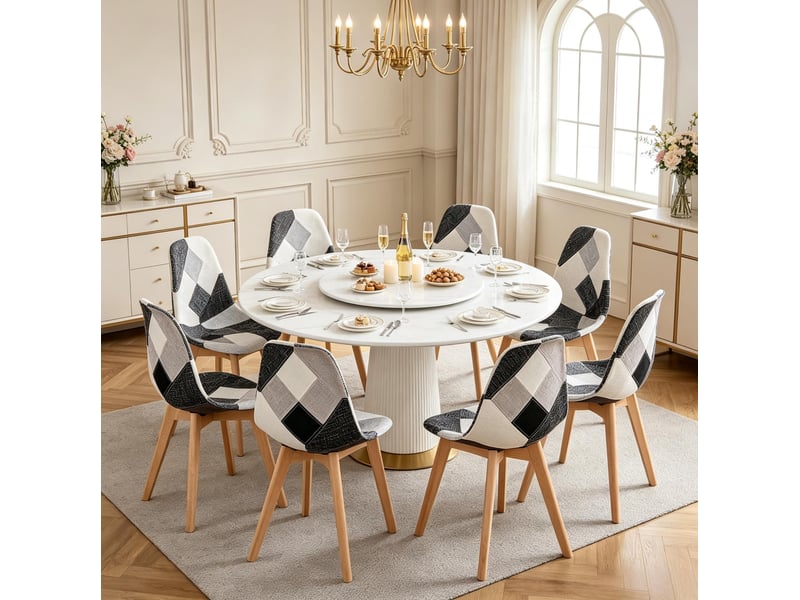  Lot de 8 chaises de salle à manger en tissu patchwork gris et blanc  - Conforama C