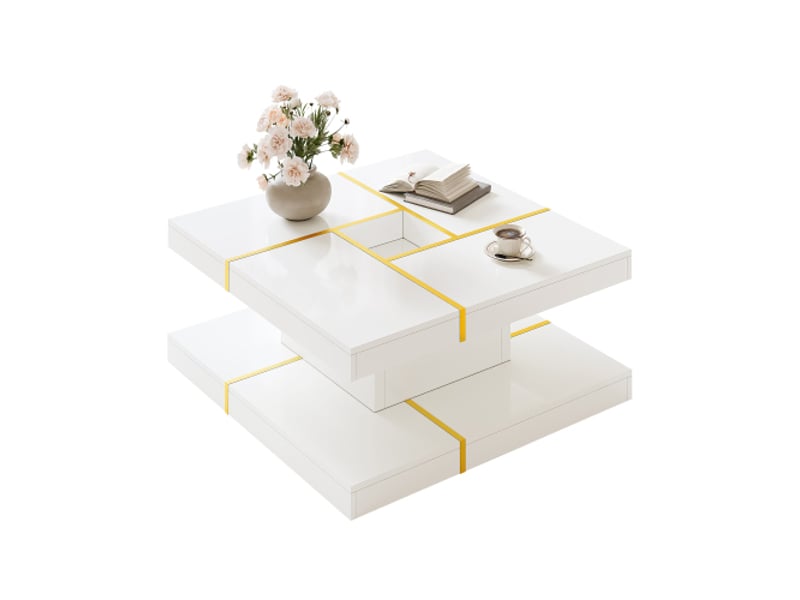  Table basse ulsam carrée à deux niveaux, finitions métal doré, ouverture centrale, design étagé pour salon  - Conforama A