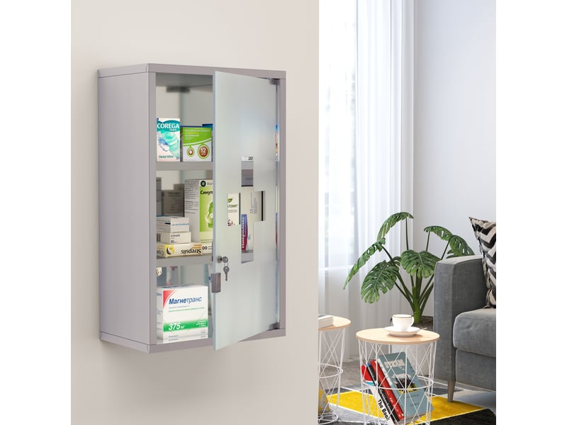  Armoire à pharmacie murale en acier inoxydable avec 3 étagères et serrure, idéale pour les premiers secours.  - Conforama D