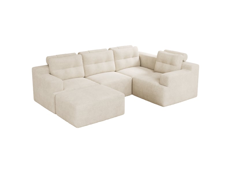  Canapé modulable 5 places en chenille beige, canapé d'angle en mousse sans structure avec pouf pour aménagement de salon et chambre  - Conforama A