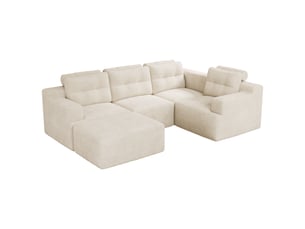 Canapé modulable 5 places en chenille beige, canapé d'angle en mousse sans structure avec pouf pour aménagement de salon et chambre