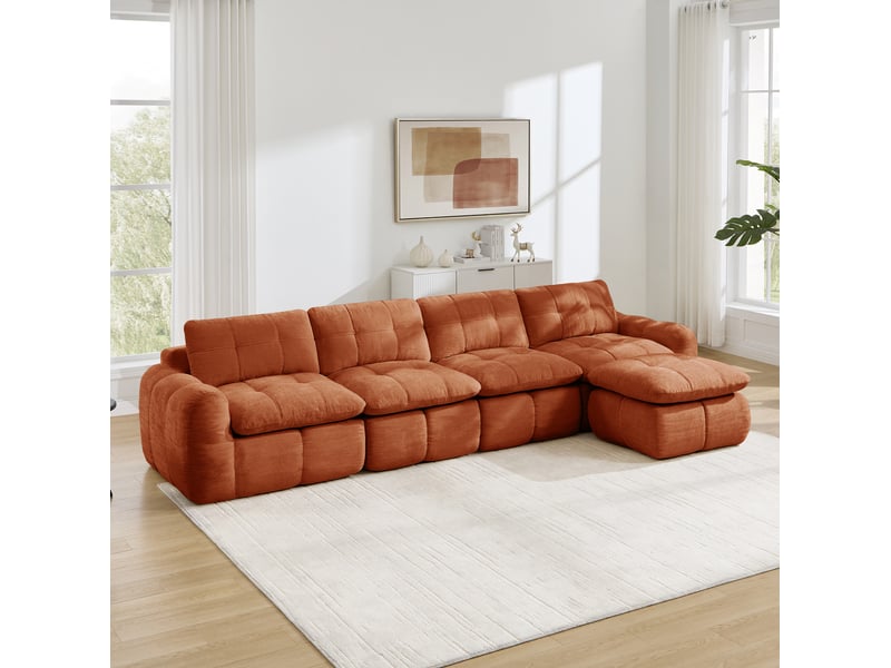 Canapé d'angle modulaire 4 places sans cadre avec ottomane et assise profonde, design matelassé en chenille orange - Conforama B