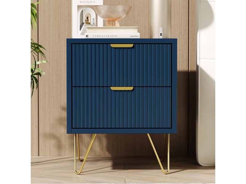  Lot de 2 table de chevet,table de nuit avec 2 tiroirs, manches et pieds en couleur doré,moderne, 40 x 35,5 x 50 cm, bleu  - Conforama E