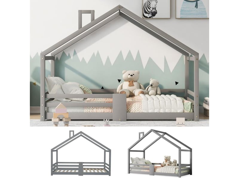 Lit enfant maison 90x200 cm, lit cabane en bois massif avec barrière de sécurité et sommier, gris - Conforama E