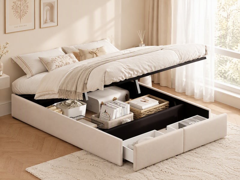  Lit coffre 160x200 sans tete de lit, cadre en lin - 12 lattes - montage rapide et facile - grand espace de rangement en dessous - capacité de charge 350 kg, lin beige  - Conforama B