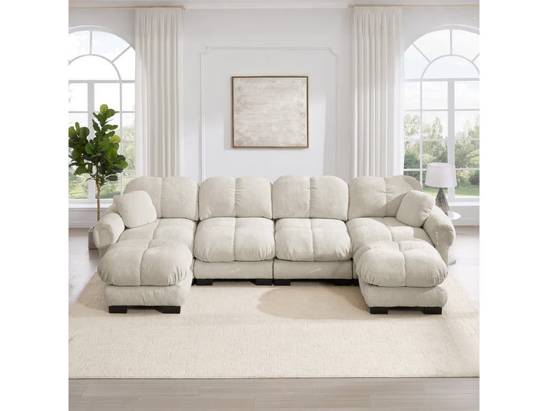  Canapé modulable en u 4 places avec deux ottomanes en tissu beige  - Conforama D