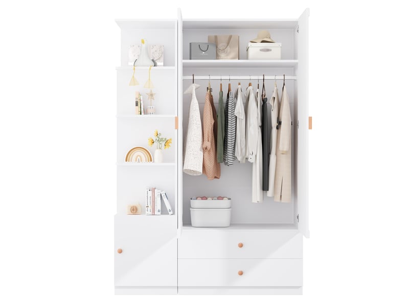  Armoire de chambre blanche 200x135x45 cm avec 2 penderies, 2 tiroirs et rangement modulable en bois massif et mdf  - Conforama A