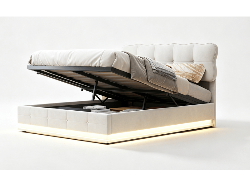  Lit coffre140x190 cm - led rgb intégrée - velours beige - sommier relevable - rangement sous lit  - Conforama A