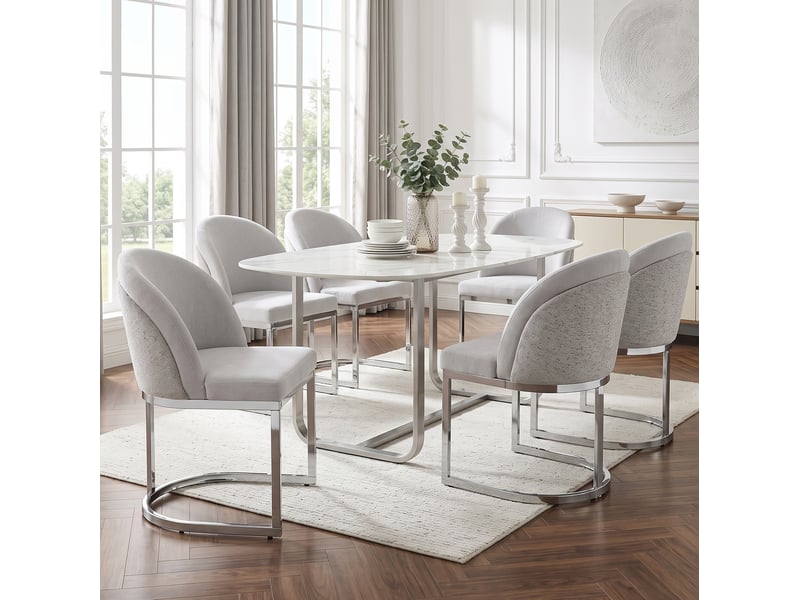  Chaise de salle à manger lot de 4 avec dossier double et assise rembourrée en chenille gris clair et argenté  - Conforama D