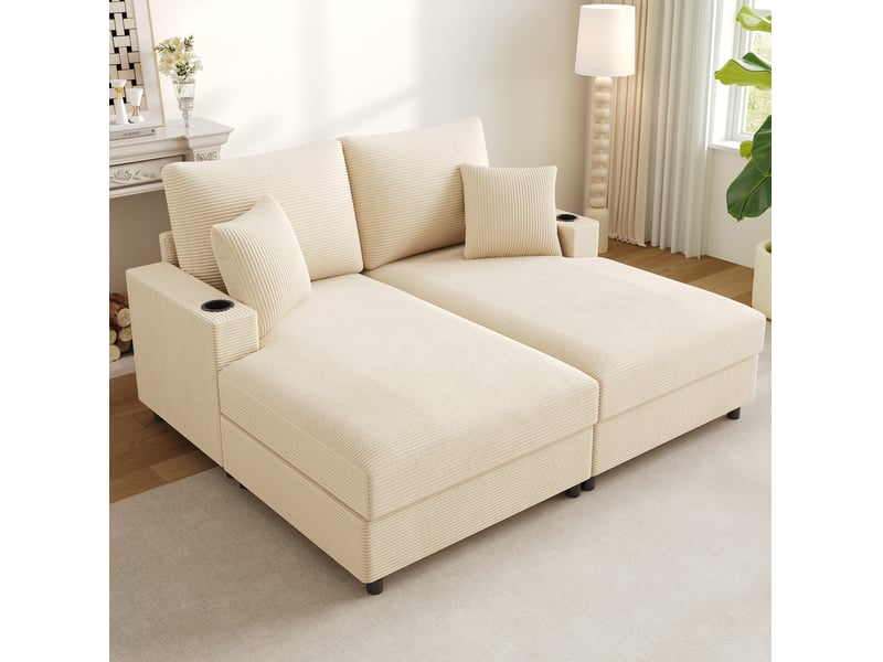  Canapé-lit modenvie 2 places avec usb usb-c porte-gobelets velours côtelé beige 163 x 140 x 82 cm  - Conforama E