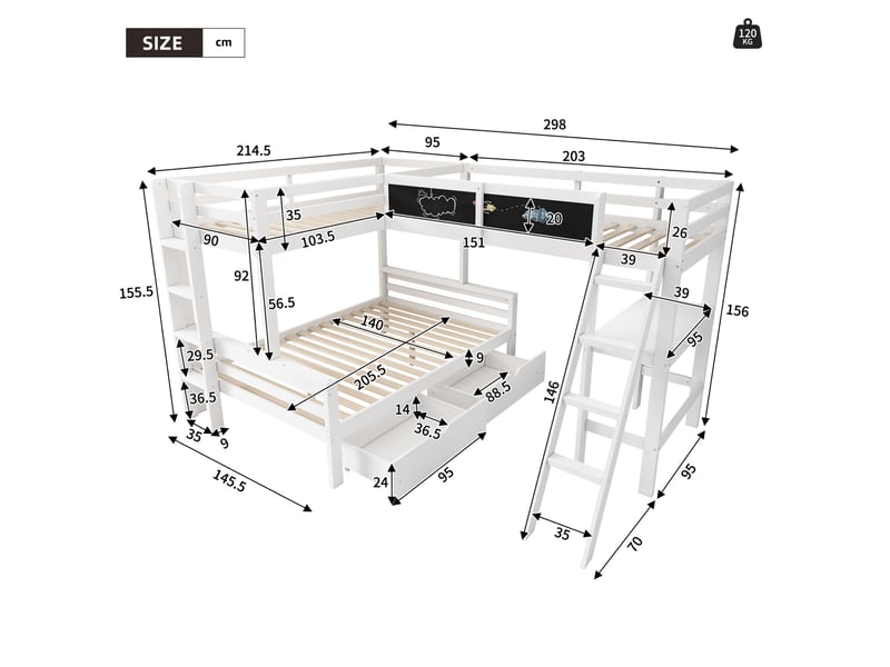  Lit combiné enfant 140x200 cm et 90x200 cm avec bureau et rangements bois blanc et chêne sans matelas  - Conforama C