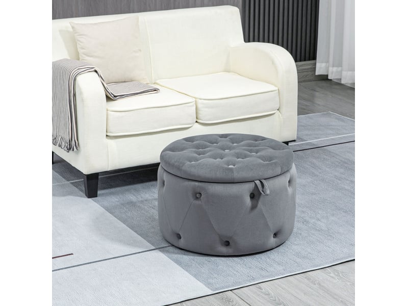  Pouf de rangement rond ø60 x 40 cm gris en polyester aspect velours, couvercle et assise rembourrée  - Conforama B