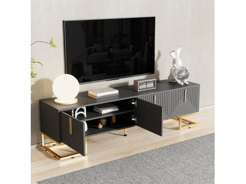  Meuble tv 170x40x45,5 cm, rangement 4 portes avec étagères intégrées, pieds dorés réglables, panneau particules, gris  - Conforama E
