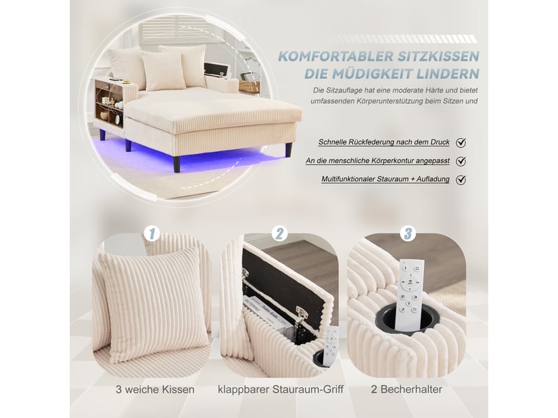 Méridienne en velours côtelé beige 129x170x70 cm avec led, usb, rangement et porte-gobelets 129x170x70cm - Conforama R
