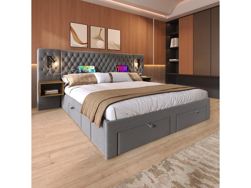 Lit double 160×200 cm avec 4 tiroirs, lampes de lecture, usb et type-c - okmyhome- en velours gris, matelas inclus  - Conforama B
