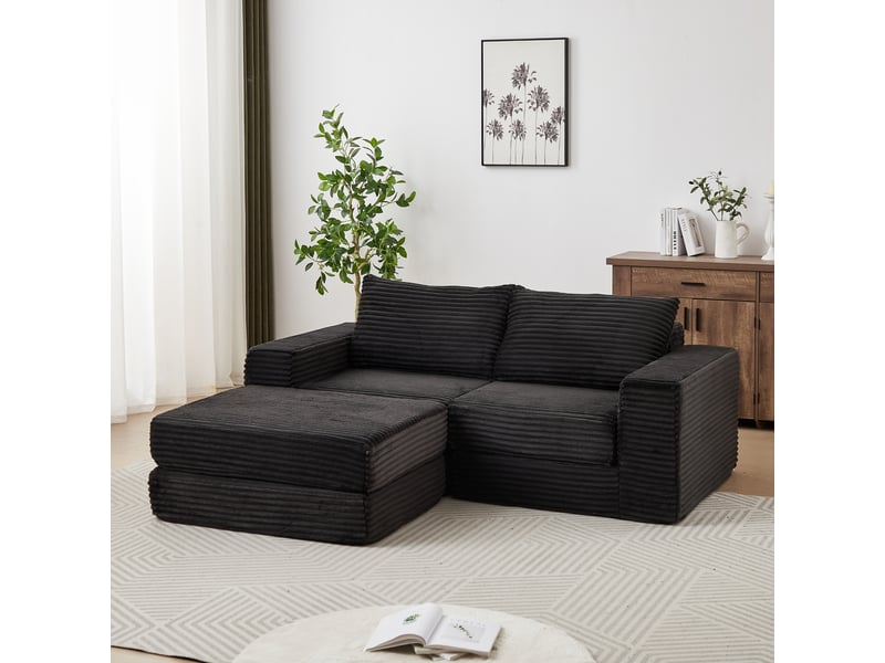  Canapé convertible modulaire avec pouf amovible  - accoudoirs carrés, velours côtelé noir  - Conforama C