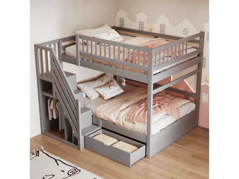  Lit superposé en bois massif 140*200cm, gris, échelle avec rangement, tiroirs et garde-corps élevé pour enfants  - Conforama C