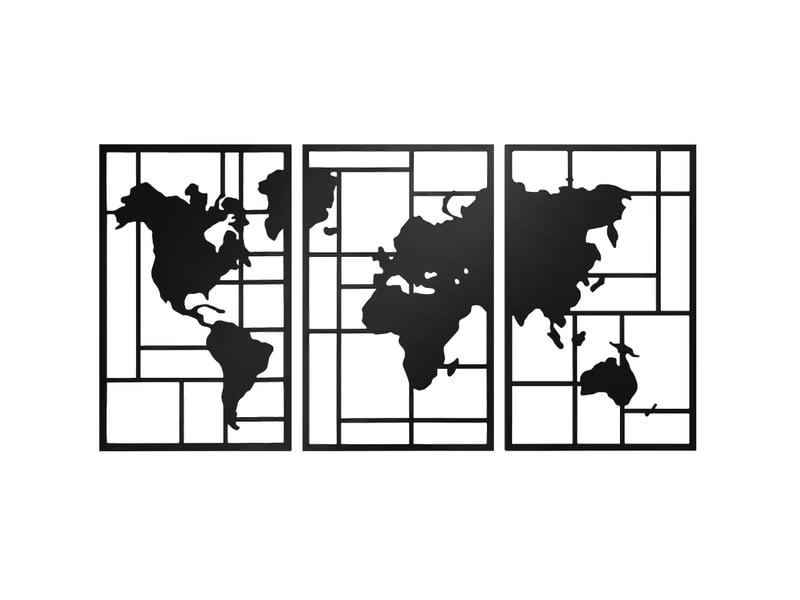  Décoration murale 3 pièces 150x80 cm carte du monde métal noir  - Conforama A