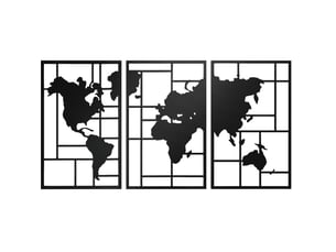 Décoration murale 3 pièces 150x80 cm carte du monde métal noir