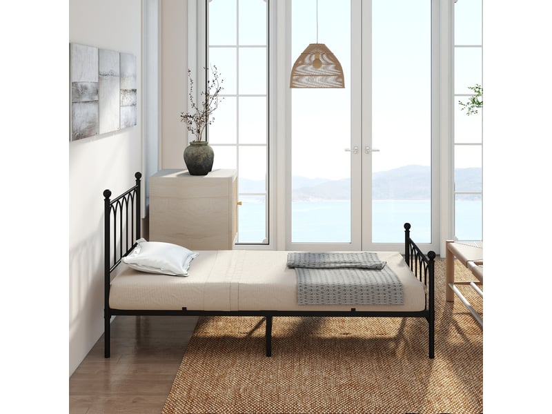 Lit simple 90x200 cm avec sommier à 11 lattes, pieds, gain de place pour chambre, métal noir  - Conforama E