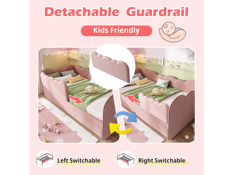  Lit gigogne enfant 90x190 cm avec canapé-lit 2-en-1, dossier et sommiers, velours, rose, sans matelas  - Conforama E