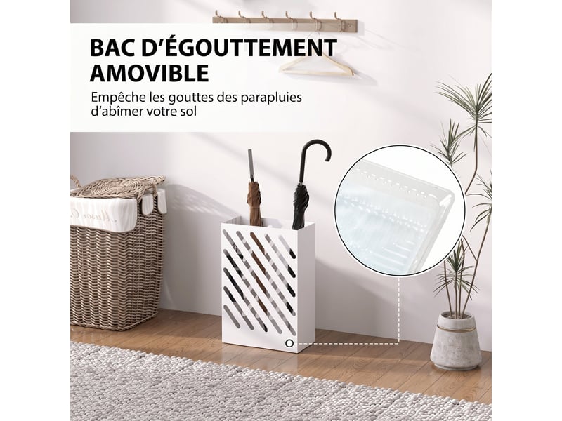  Porte-parapluie en acier rectangulaire, blanc, support pour parapluies avec 4 crochets et bac d'égouttement amovible  - Conforama A