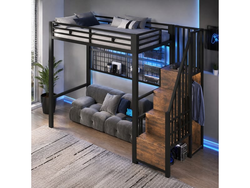  Modenvie lit mezzanine 90x200 cm - avec penderie echelle, rangement suspendu, sans matelas - noir  - Conforama B