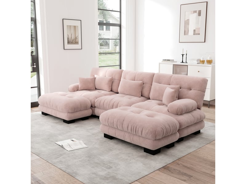  Canapé panoramique en u modulaire avec ottoman, assise profonde et coussins lombaires, en chenille rose  - Conforama D