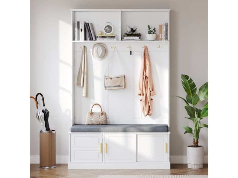  Portemanteau blanc avec banc à chaussures, autonome, 6 crochets triples, gain de place, 120×40×191 cm, entréecouloir  - Conforama B