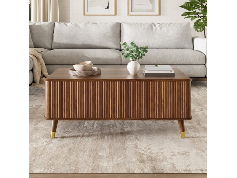  Table basse 97x52x42 cm, plateau escamotable, espace de rangement, style rétro, usage quotidien, salon, en mdf, noyer  - Conforama B