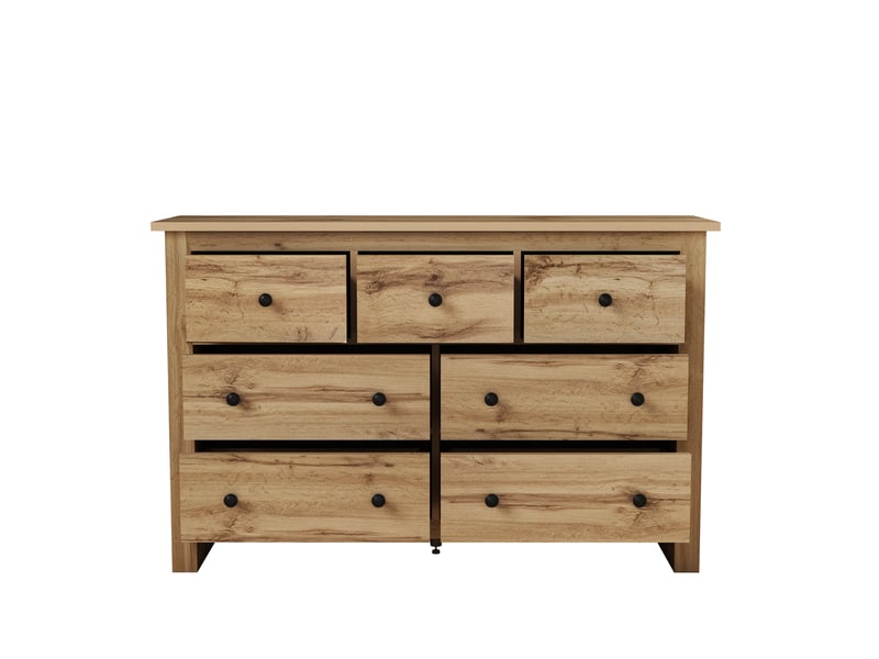  Commode 152x40x88,5 cm avec 7 tiroirs, design à motif bois et espace de rangement, panneaux de particules, couleur bois  - Conforama E