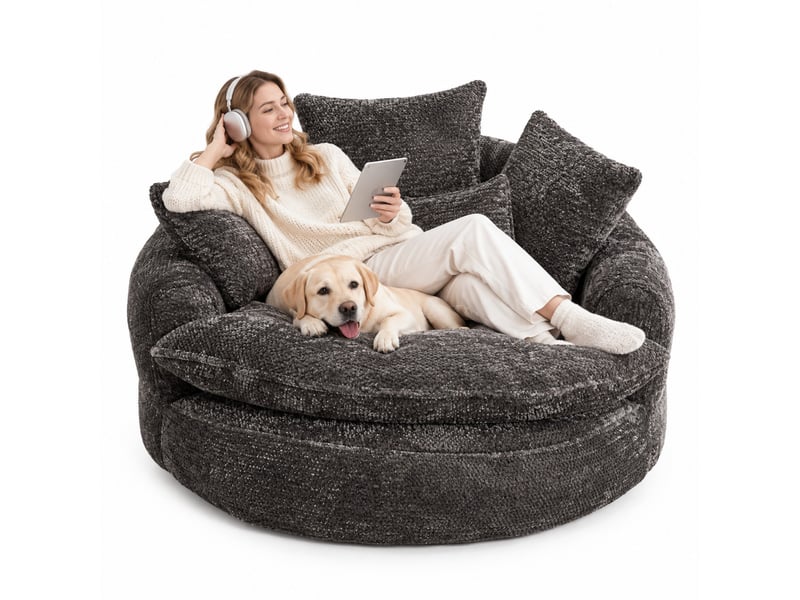  Fauteuil lounge géant 190,5 x 138 x 63 cm gris, mousse et tissu polyester, dossier réglable et coussin  - Conforama A