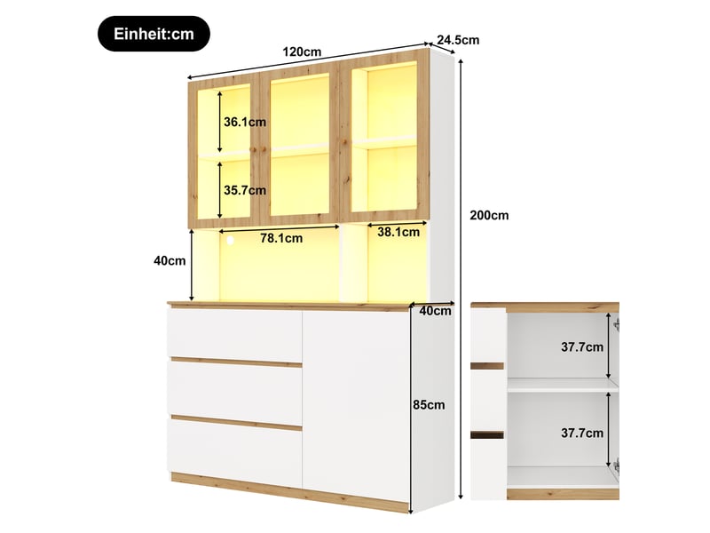  Vitrine haute 120x200x24,5 cm blanc et chêne mdf, led et rangement multifonction pour salon et cuisine  - Conforama C