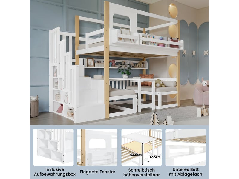 Lit mezzanine enfant 90x200cm avec bureau rabattable - lit enfant - escalier rangement et étagère, pin+mdf, blanc et naturel  - Conforama D