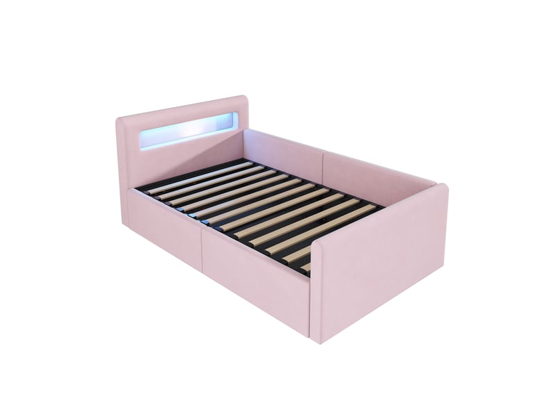  Lit enfant coffre 90 x 200 cm avec led, veilleuse, usb et rangement hydraulique, velours rose Fay Lum - Conforama A