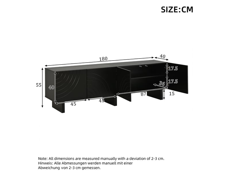  Meuble tv noir 180 cm avec quatre portes texturées, meuble bas de salon pour téléviseur jusqu'à 75 pouces, rangement fermé  - Conforama C