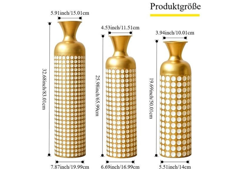 Lot de 3 vases de sol en métal à pois blancs, bronze antique et blanc - Conforama C