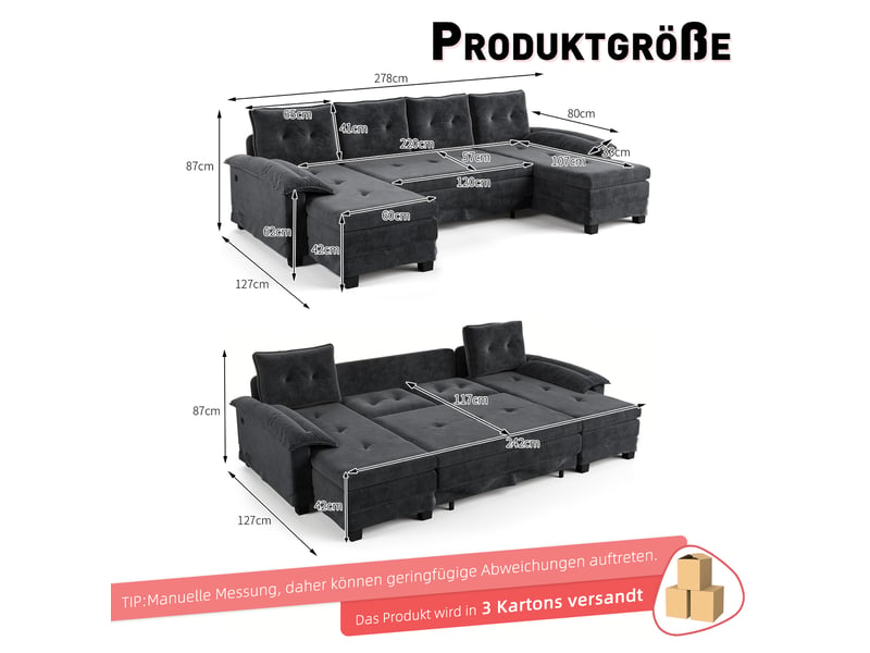  Canapé-lit panoramique en u 4 places 278x127x87 cm en chenille gris avec usb  - Conforama C