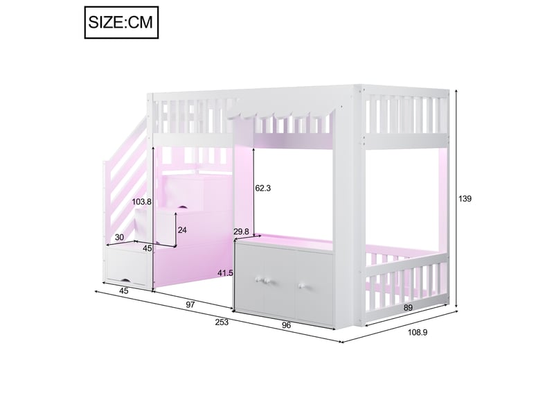  Lit mezzanine 90x200 cm avec escalier de rangement, bois et mdf, blanc sans matelas  - Conforama C