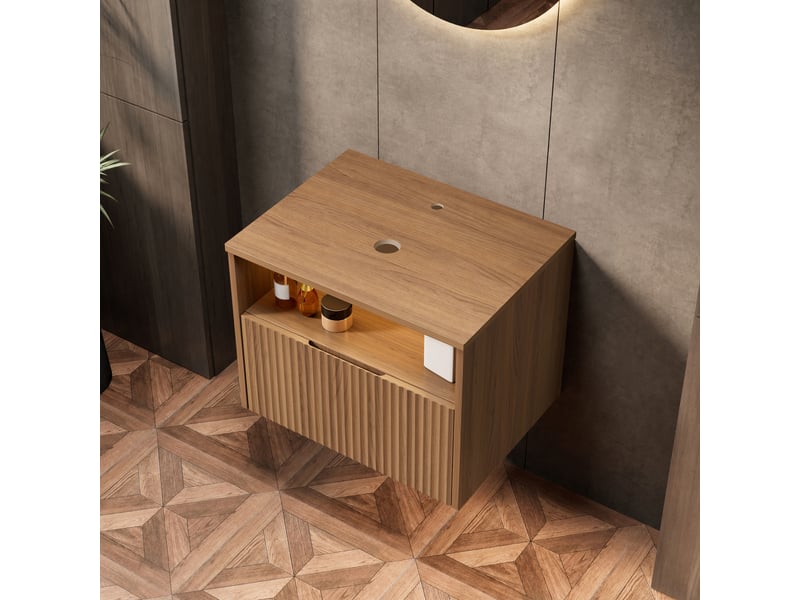 Meuble sous vasque avec 1 tiroir en bois massif et contreplaqué pour salle de bain, finition chêne brun, 69×55×54 cm  - Conforama C