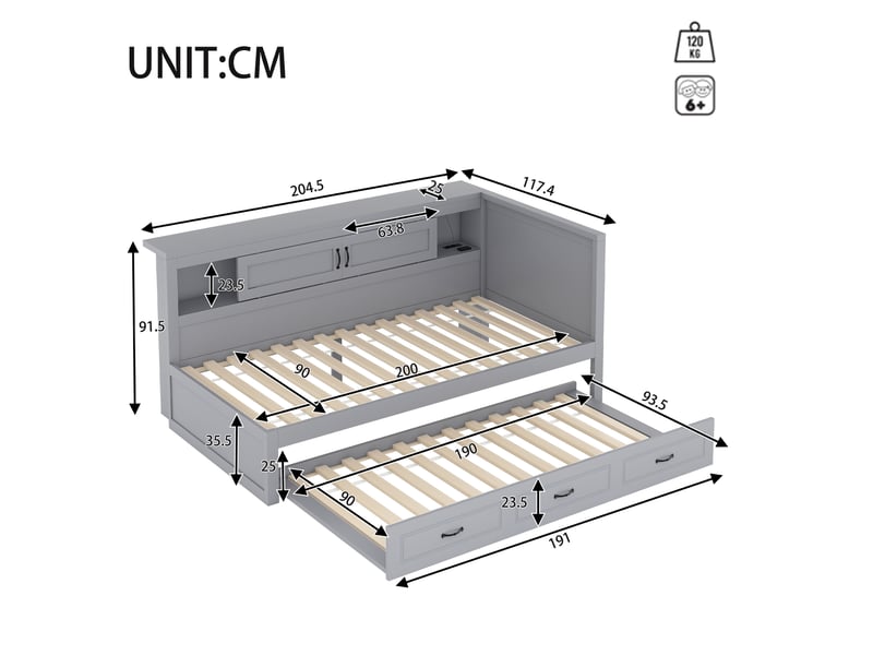  Lit banquette 90x200 gris avec lit gigogne, éclairage led et prises usb, structure mdf  - Conforama C